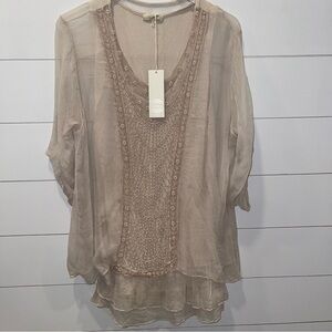 Ambra Silk Boho Overlay Sheer Beige Tunic Style Blouse Womens Size Large NWT